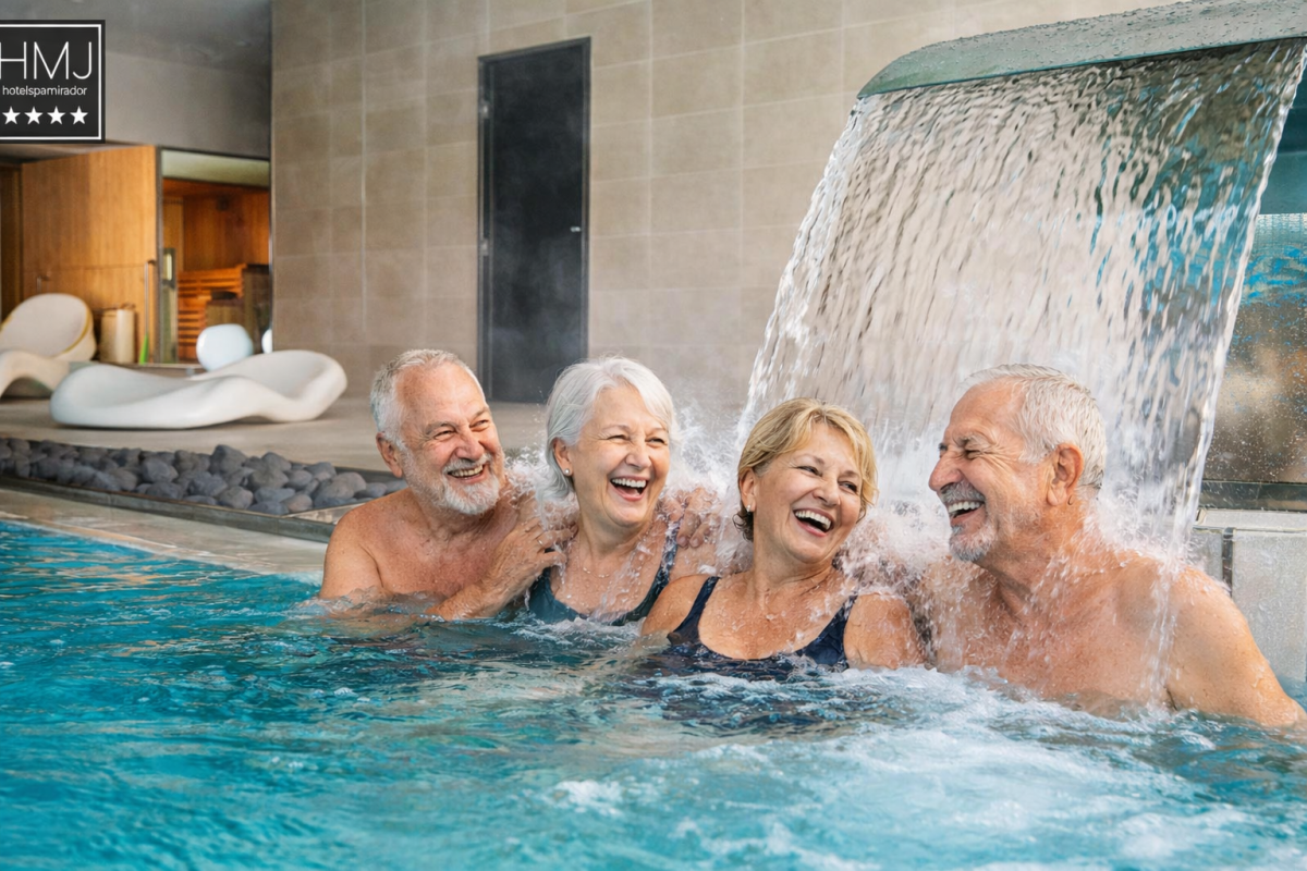 Grupo de jubilados disfrutando del spa en el hotel